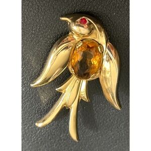 Vintage CORO Bird Brooch Rhinestone Cabochon Gold Tone Prong Set Signed Pin